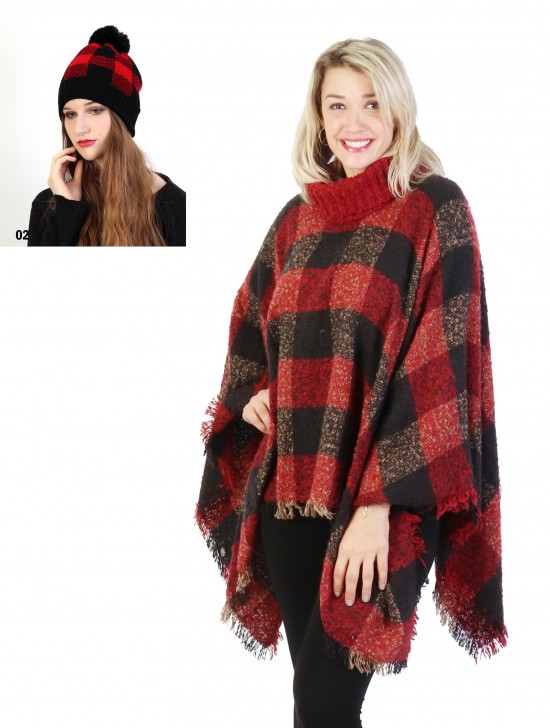 Plaid Patterned Cape and Hat Set (CP1132-02RD + HAT1088-02RD)